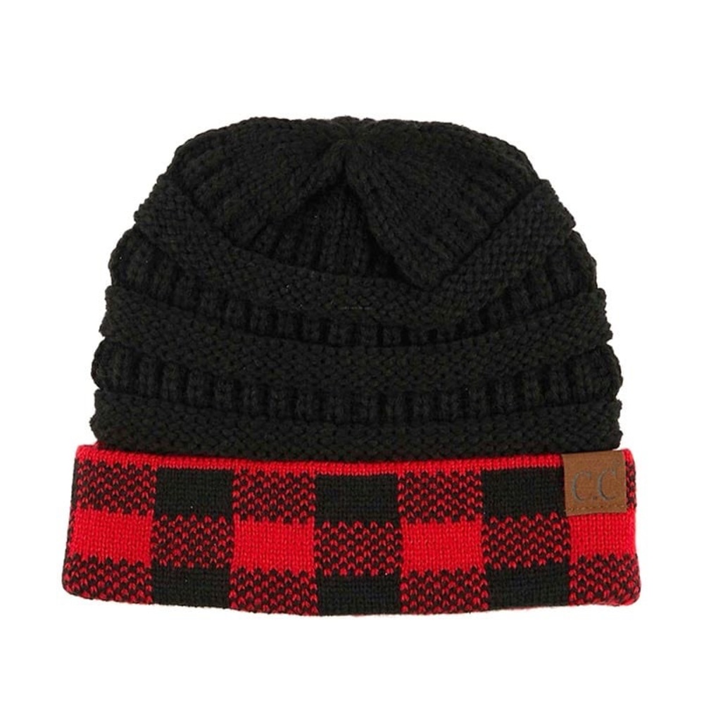 C.C Beanie Red & Black Buffalo Plaid Check Knit Adult Beanie